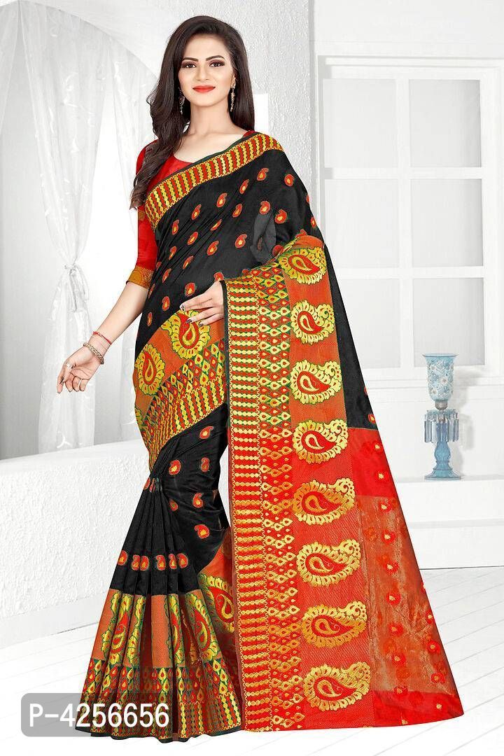 Printed Cotton Blend Saree in Coral - www.indethnic.com