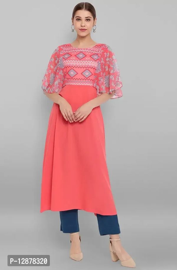 Alluring Coral Poly Crepe Digital Print Flared Kurta For Women - Coral, XS