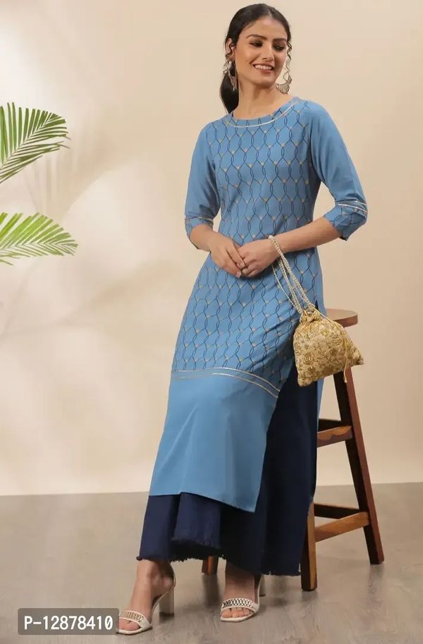 Alluring Blue Poly Crepe Ethnic Motifs Straight Kurta For Women - Blue, XL