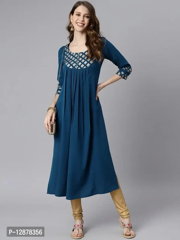 Alluring Teal Poly Crepe Ethnic Motifs Straight Kurta For Women - Teal, L