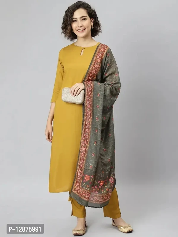 Elegant Mustard Rayon Solid Kurta With Pant And Dupatta For Women - XS