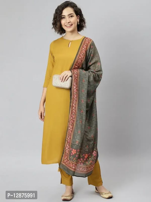 Elegant Mustard Rayon Solid Kurta With Pant And Dupatta For Women - L