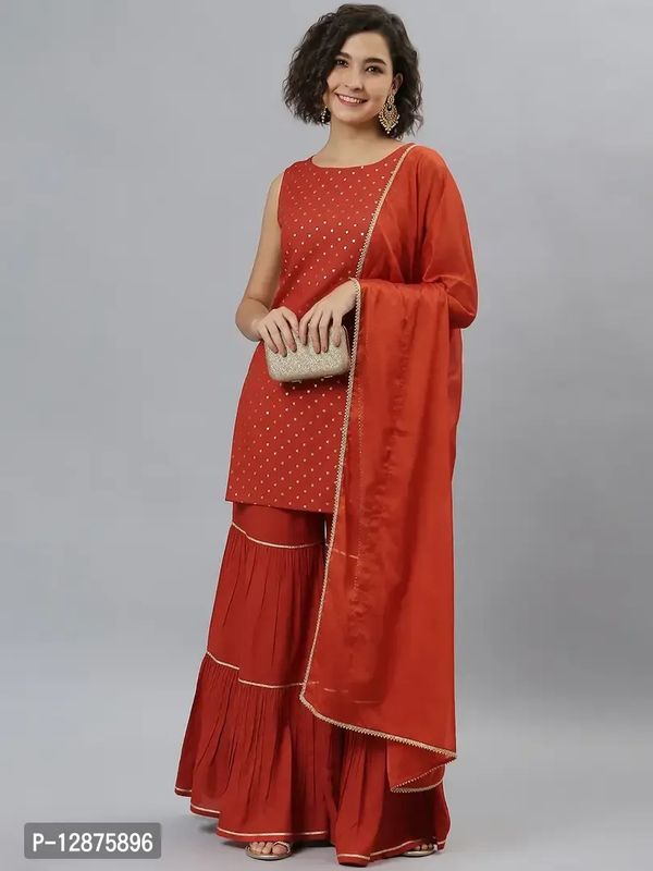 Elegant Orange Rayon Foil Print Kurta With Sharara And Dupatta For Women - XS