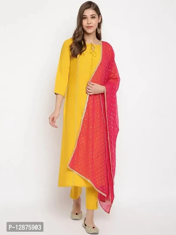Elegant Mustard Rayon Solid Kurta With Pant And Dupatta For Women