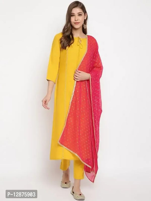 Elegant Mustard Rayon Solid Kurta With Pant And Dupatta For Women - L
