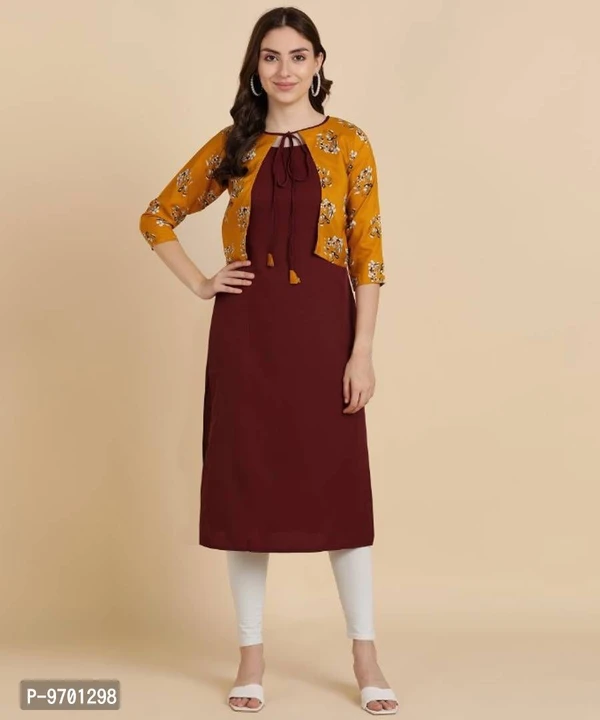 Womens Plain Crepe Straight Kurti with Printed Koti ( Jacket) - M