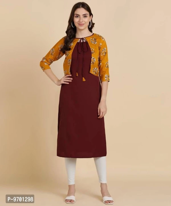 Womens Plain Crepe Straight Kurti with Printed Koti ( Jacket) - L