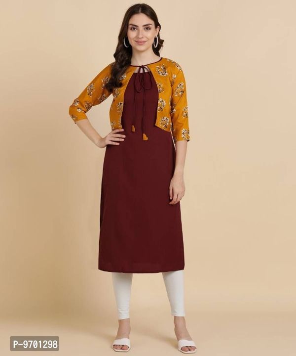 Womens Plain Crepe Straight Kurti with Printed Koti ( Jacket) - XL