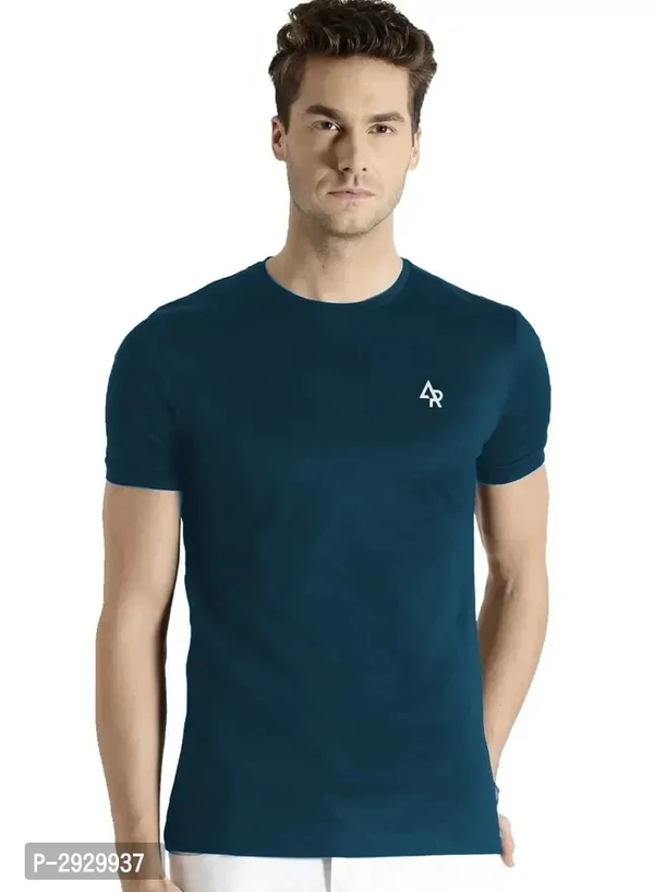 Men's Blue Cotton Solid Round Neck Tees - S