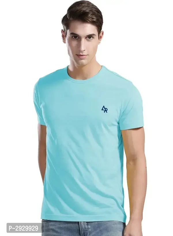 Men's Turquoise Cotton Solid Round Neck Tees - L