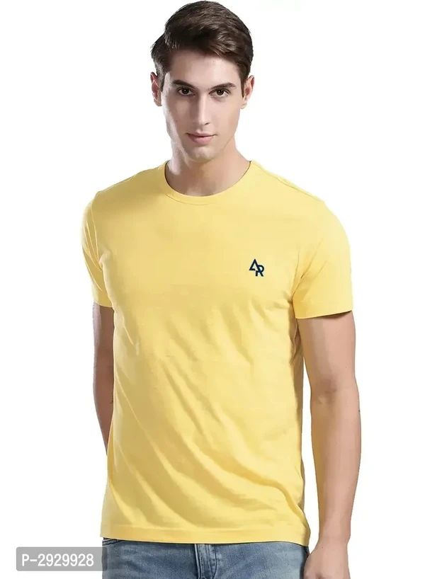 Men's Yellow Cotton Solid Round Neck Tees - M