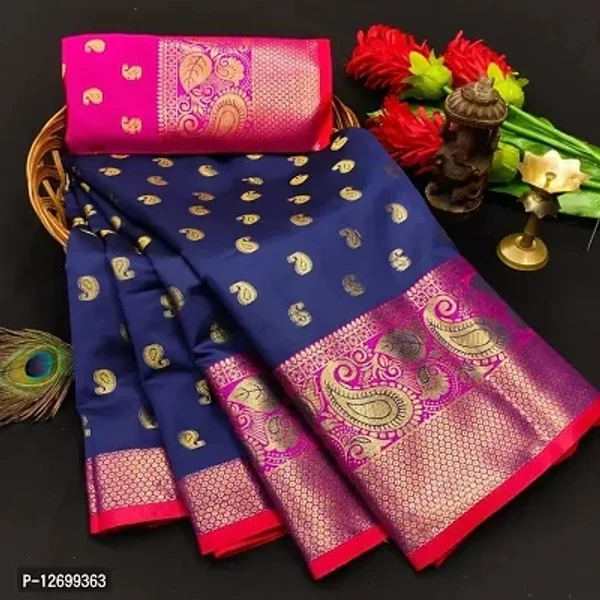 Cotton Silk Jacquard Butta Work Sarees with Blouse Piece - Blue