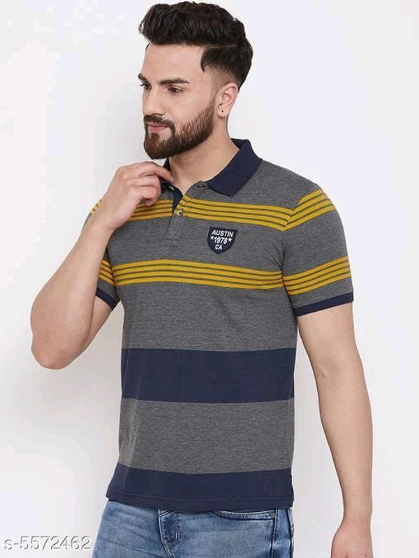 Austin Wood Men's Grey Striped Polo Neck T-shirt - M