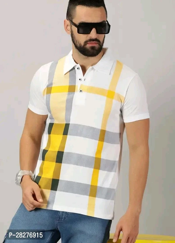 Stylish Mustard Cotton Blend Printed Polos For Men - M