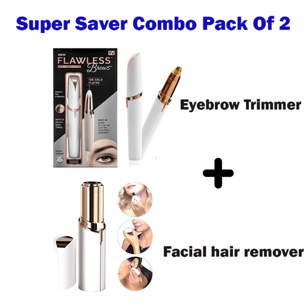 Combo Of 2 1) Eyebrow Trimmer | Battery Operated Eyebrow Shaper Pen 2) Womens Painless Flawless Facial Hair Remover Upper Lip & Chin Trimmer Portable Battery Operated - Main Combo