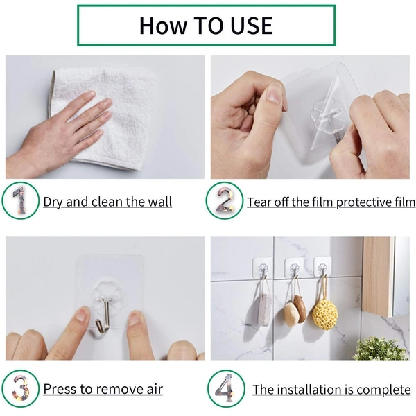 Pack of 10 Strong Adhesive Hooks for Wall Heavy Duty 10KG(Max), Strong Transparent Reusable Waterproof Stick on Hook for Hanging, Bedroom, Kitchen Hanger, Bathroom, Kitchen Accessories Items Random_Color