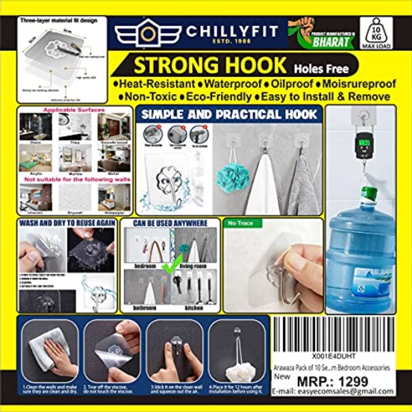 Pack of 10 Strong Adhesive Hooks for Wall Heavy Duty 10KG(Max), Strong Transparent Reusable Waterproof Stick on Hook for Hanging, Bedroom, Kitchen Hanger, Bathroom, Kitchen Accessories Items Random_Color