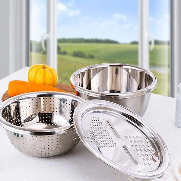 11 Inch Stainless Steel Drain Basket Vegetable Cutter, 3 in 1 Kitchen Multipurpose Julienne Grater - Salad Maker Bowl
