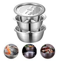 11 Inch Stainless Steel Drain Basket Vegetable Cutter, 3 in 1 Kitchen Multipurpose Julienne Grater - Salad Maker Bowl