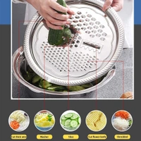 11 Inch Stainless Steel Drain Basket Vegetable Cutter, 3 in 1 Kitchen Multipurpose Julienne Grater - Salad Maker Bowl