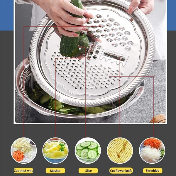 11 Inch Stainless Steel Drain Basket Vegetable Cutter, 3 in 1 Kitchen Multipurpose Julienne Grater - Salad Maker Bowl