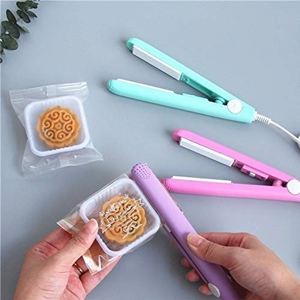 2 in 1 Portable Household Mini Heat Sealing Machine, Ceramic Electronic Hair Straightener, Plastic Bags Package Home Closer Storage Tool (Multicolor)