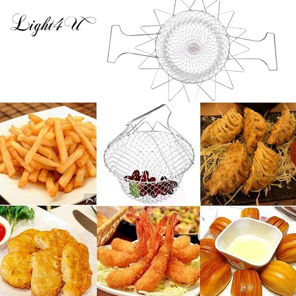 Chef Basket Foldable Cooking Steam Rinse Deep Frying Basket Fry Jali Stainless Steel Fry French Magic Basket Mesh Basket Strainer Net Fried Filter Drainage Rack for Fried Food or Fruits Multifunctional Kitchen Cooking Tool