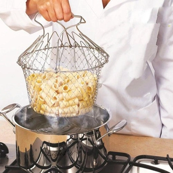 Chef Basket Foldable Cooking Steam Rinse Deep Frying Basket Fry Jali Stainless Steel Fry French Magic Basket Mesh Basket Strainer Net Fried Filter Drainage Rack for Fried Food or Fruits Multifunctional Kitchen Cooking Tool