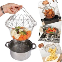 Chef Basket Foldable Cooking Steam Rinse Deep Frying Basket Fry Jali Stainless Steel Fry French Magic Basket Mesh Basket Strainer Net Fried Filter Drainage Rack for Fried Food or Fruits Multifunctional Kitchen Cooking Tool