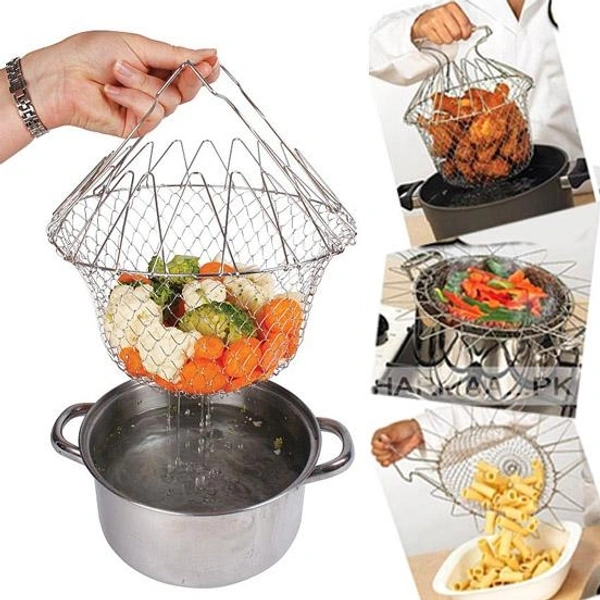 Chef Basket Foldable Cooking Steam Rinse Deep Frying Basket Fry Jali Stainless Steel Fry French Magic Basket Mesh Basket Strainer Net Fried Filter Drainage Rack for Fried Food or Fruits Multifunctional Kitchen Cooking Tool