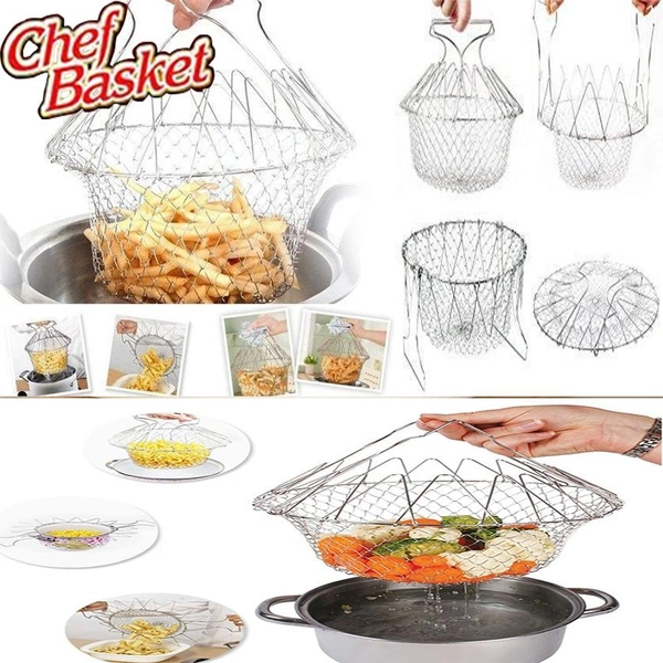 Chef Basket Foldable Cooking Steam Rinse Deep Frying Basket Fry Jali Stainless Steel Fry French Magic Basket Mesh Basket Strainer Net Fried Filter Drainage Rack for Fried Food or Fruits Multifunctional Kitchen Cooking Tool