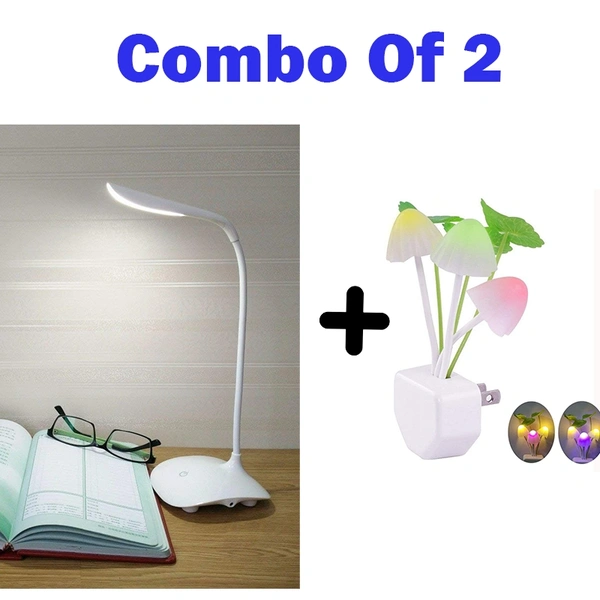 Combo Of 2 Products 1) Rechargeable LED Touch On/Off Switch Desk Lamp For Studying Reading Table Lamp USB Charging With Cable Touch 3 Adjustable Brightness Levels Desk Light for Study 2) Sensor Led Night Light, Color Changing Plug-in LED Mushroom Dream Bed Lamp (Random Colour)