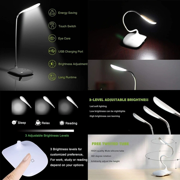 Combo Of 2 Products 1) Rechargeable LED Touch On/Off Switch Desk Lamp For Studying Reading Table Lamp USB Charging With Cable Touch 3 Adjustable Brightness Levels Desk Light for Study 2) Sensor Led Night Light, Color Changing Plug-in LED Mushroom Dream Bed Lamp (Random Colour)