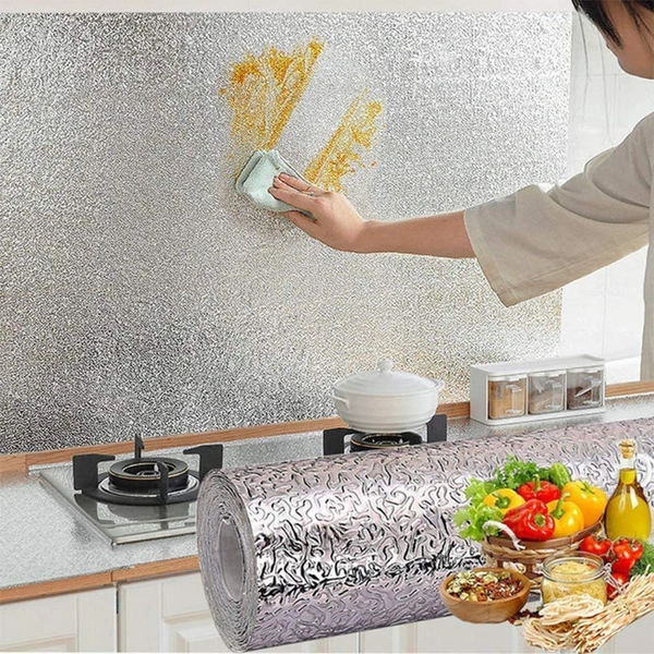 60CM X 200CM Kitchen Oil Proof Aluminium Foil Stickers, Kitchen Backsplash Wallpaper, Self-Adhesive Wall Sticker Waterproof Anti-Mold and Heat Resistant for Walls Cabinets Drawers and Shelves