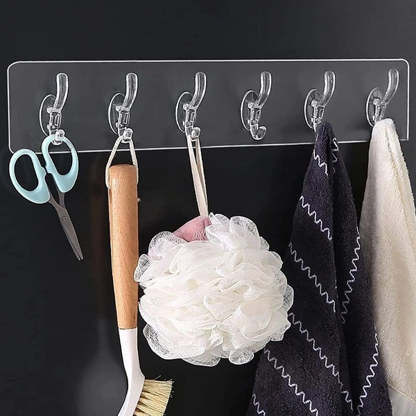 Plastic Self Adhesive No Drills Strong Sticky Towel Hanger Hook 6 in 1 ||Pack of 1