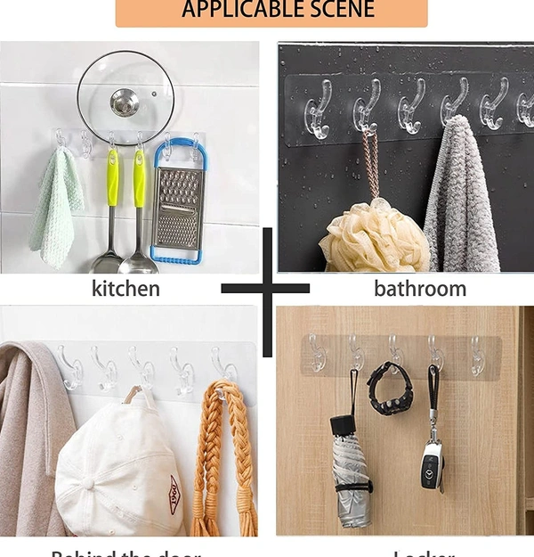 Plastic Self Adhesive No Drills Strong Sticky Towel Hanger Hook 6 in 1 ||Pack of 1