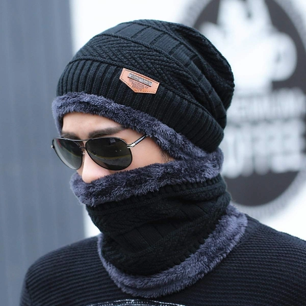 Woolen Beanie/Skull Cap & Neck Warmer (Muffler) Combo for Winters with Faux Fur Inner Side |Warm Hat| Hedging Hat Scarf Set | Winter Cap | Air Proof Cap | Woolen Cap | Ear Warmer - silver