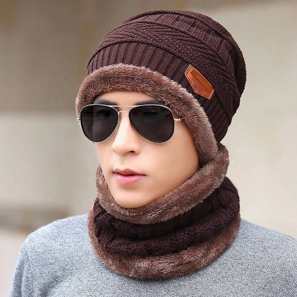 Woolen Beanie/Skull Cap & Neck Warmer (Muffler) Combo for Winters with Faux Fur Inner Side |Warm Hat| Hedging Hat Scarf Set | Winter Cap | Air Proof Cap | Woolen Cap | Ear Warmer - silver