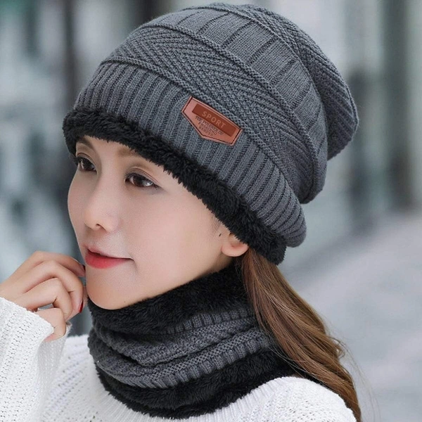 Woolen Beanie/Skull Cap & Neck Warmer (Muffler) Combo for Winters with Faux Fur Inner Side |Warm Hat| Hedging Hat Scarf Set | Winter Cap | Air Proof Cap | Woolen Cap | Ear Warmer - silver