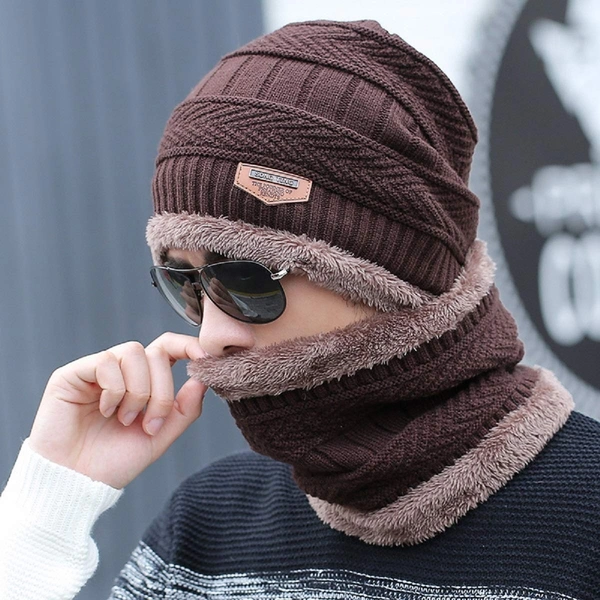Woolen Beanie/Skull Cap & Neck Warmer (Muffler) Combo for Winters with Faux Fur Inner Side |Warm Hat| Hedging Hat Scarf Set | Winter Cap | Air Proof Cap | Woolen Cap | Ear Warmer - silver