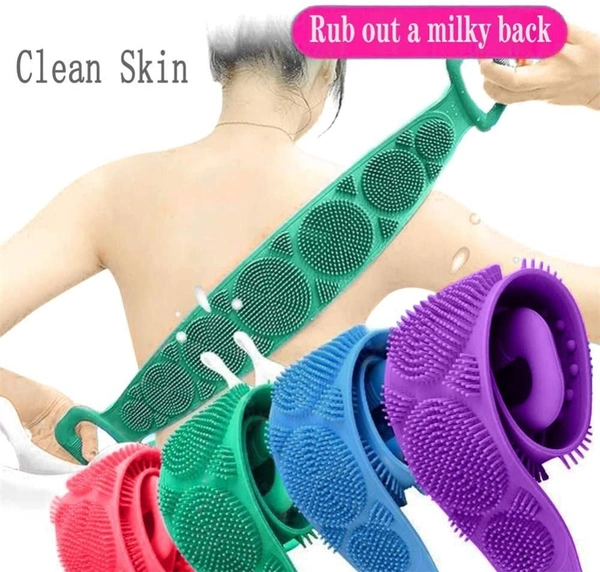 Silicone Body Back Scrubber, Double Side Bathing Brush for Skin Deep Cleaning Massage, Dead Skin Removal Exfoliating Belt for Shower, Easy to Clean, Lathers Well for Men & Women (Multicolour)
