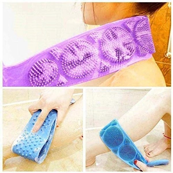 Silicone Body Back Scrubber, Double Side Bathing Brush for Skin Deep Cleaning Massage, Dead Skin Removal Exfoliating Belt for Shower, Easy to Clean, Lathers Well for Men & Women (Multicolour)