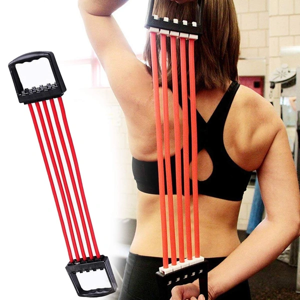 Adjustable Multi-Function 5 Rubber Tubes Chest Expander/Chest Developer/Rubber Rope/Chest Flexor/Muscle Pulling Exerciser/Muscle Workout Stretcher Home & Gym Equipment for Men & Women (Random Color)