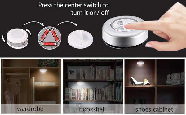Round Shaped LED White 3 in 1 LED Wall Spotlight Night Stick Tap Light for Wardrobe and Home Utility Usage (Pack of 2) - 1, Pack Of 2