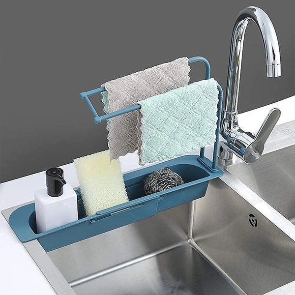 Kitchen Sink Organizer, Sink Holder, Expandable Dish Caddy Sponge Soap Drying Rack, Drain Basket Tray Caddy Shelf Organizer Scrubber and Adjustable Hanger with Towel Bar (Multicolor)