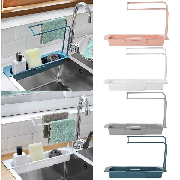 Kitchen Sink Organizer, Sink Holder, Expandable Dish Caddy Sponge Soap Drying Rack, Drain Basket Tray Caddy Shelf Organizer Scrubber and Adjustable Hanger with Towel Bar (Multicolor)