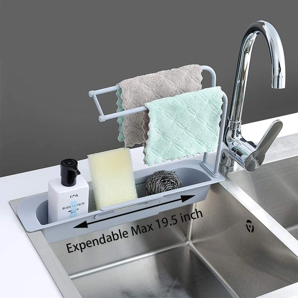 Kitchen Sink Organizer, Sink Holder, Expandable Dish Caddy Sponge Soap Drying Rack, Drain Basket Tray Caddy Shelf Organizer Scrubber and Adjustable Hanger with Towel Bar (Multicolor)