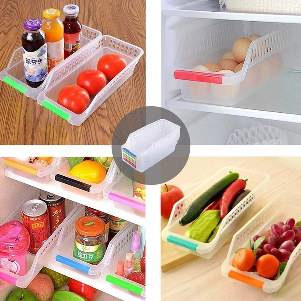 Fridge Storage Basket Shelf Organizer Rack Space Saver Food Storage Refrigerator Drawer Fruit Vegetables Storage Basket Organizer Box Containers Tray (Multicolour) - Pack of 4