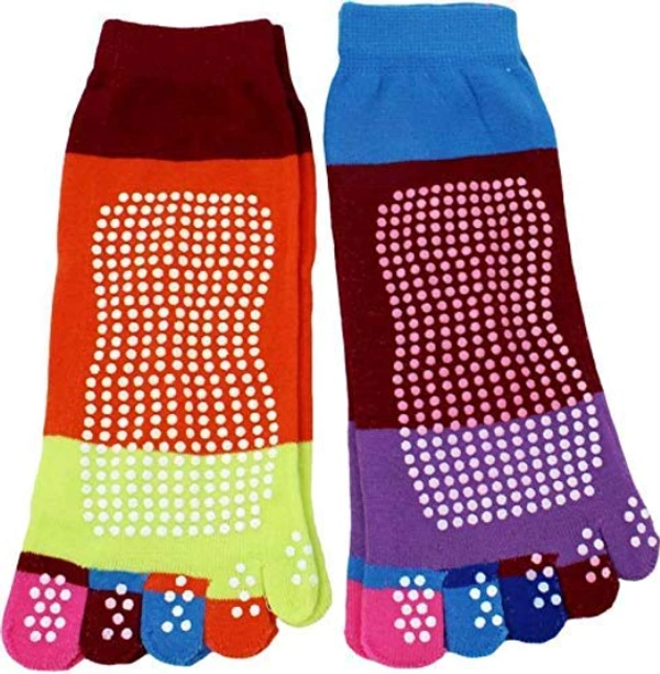 Multicolor Anti Slip Five Finger Yoga & Gym Socks with No Fall Grip