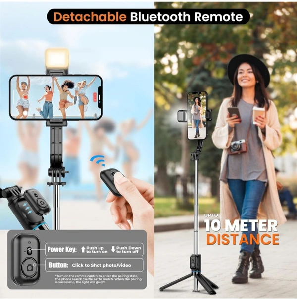  Selfie Stick with Light in 6 Shades, 3 Colours & 2 Tones with Detachable Mobile Holder, Selfie Stick Extendable upto 71 Inches, Tripod Stand...